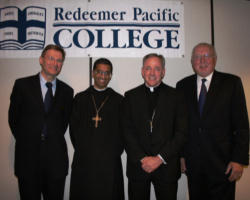 Image of L to R is President Tom Hamel,(Redeemer Pacific College); Rev. Fr. Abbot John Braganza, (Abbot of the Seminary of Christ the King, Westminster Abbey, Mission, BC); Archbishop J. Michael Miller; and Senator Gerry St. Germain, Canadian Senate (RPC Board member and supporter).