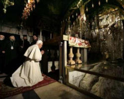 Image of From my arrival, I presented myself as a pilgrim of faith in the Land where Jesus was born, lived, died and rose again, and, at the same time, as a pilgrim of peace, imploring God that there, where He became man, all people may live as His children, that is, as brothers and sisters.