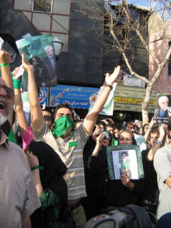 Image of Thousands of Iranians hit the streets of Tehran on Monday, blocking streets of the capitol from the north side to the south side to support Mir Hossein Mousavi, the Iranian reformist presidential candidate.