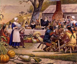 Image of Americans typically look back to 1621 as the first recorded Thanksgiving, where the Plymouth colonists and Wampanoag Indians gathered for a three day feast of Thanksgiving to God for the harvest.