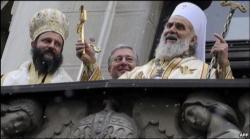 Image of Patriarch Irinej, 79, (Pictured on the right) was elected on Friday as the 45th head of the Serbian Orthodox Church and enthroned the next day.