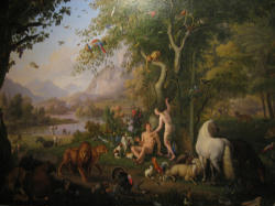 Image of 'Adam and Eve, seduced by Satan's lie, snatching the mysterious fruit against the divine command, replaced the logic of trusting in Love with that of suspicion and competition.' (Pope Benedict XVI)