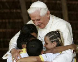 Image of Pope Benedict XVI: 'Certainly, it is precisely the family, founded on marriage between a man and a woman, which is the greatest help that can be given to children. They want to be loved by a mother and a father who love one another, and they need to dwell, grow and live together with both parents, because the maternal and paternal figure are complementary in the education of children and in the construction of their personality and their identity.'