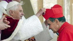 Image of Cardinal Carlo Caffara receiving his Cardinal's Biretta from Pope Benedict XVI