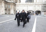 Image of Metropolitan Hilarion met with Cardinal Walter Kasper the President of the Pontifical Council for Promoting Christian Unity at the Council's library in the Vatican. They discussed the work of the Joint Commission for Orthodox-Catholic dialogue. That work has involved fruitful mutual discussions on the role of the Bishop of Rome in the first millennium.