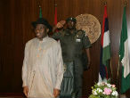Image of Nigerian President Goodluck Jonathan must struggle with the bitter rivalry between Christian and Islamic factions that periodically war with one another.