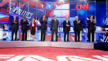 Image of The Republican contenders at the Tea Party Express debate on Monday.