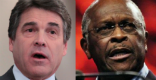 Image of Cain and Perry are beginning to face off publicly after Cain beat Perry in the Florida straw poll.