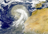 Image of A massive dust storm blows out into the Atlantic from the Sahara. 