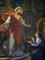 Image of Saint Margaret Mary of Alocoque encountering the Sacred Heart of Jesus
