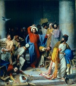 Image of Jesus drives the money changers from the temple. 

With hearts clear and focused on our Lord, we can follow the advice of Blessed Mother Teresa of Calcutta, Everything starts with prayer. Love to pray--feel the need to pray often during the day and take the trouble to pray. If you want to pray better, you must pray more. The more you pray, the easier it becomes. Perfect prayer does not consist of many words but in the fervor of the desire which raises the heart to Jesus. (Fr. Randy Sly)
