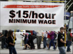 Image of Seattle residents gathered to support the measure to increase the city's minimum wage to $15 an hour.