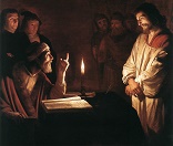 Image of Christ Before the High Priest, by Gerrit van Honthorst (1590-1656) hangs in the London Museum of Art.  The painting depicts Jesus, standing before the High priest - with His holy hands bound. The Priest, who at the time I thought was a Pharisee, is looking up with an arrogant demeanor and a pointed finger. 