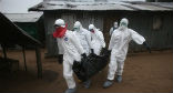 Image of Aid workers carry the body of an Ebola victim, more than 1,000 have died of the virus.