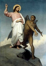 Image of Jesus was driven by the Spirit into the desert, for us! There, he did battle with the world, the flesh and the devil, for us!