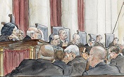 Image of An artist rendering of the Justices of the United States Supreme Court. Cameras are not allowed during arguments. 