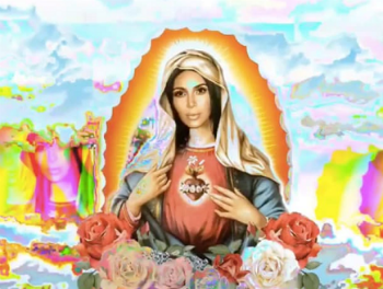 The offending image posted by Kim Kardashian. However, there is one thing more offensive to the Virgin Mary than this image, and that is my heart and yours, if they remains unconverted. (Mark 12:28-34)