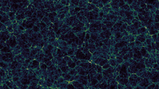 The universe has a sponge-like structure with galaxy clusters forming strands, and vast gulfs of empty space in between.
