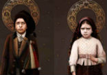Image of Pope Francis officially declared two of the three Fatima visionaries, Francisco and Jacinta Marto, saints of the Catholic Church.