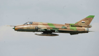A picture of a Syrian Su-22 (NATO codename 'FITTER') fighter-bomber. Jets such as these are used to bomb ground targets.