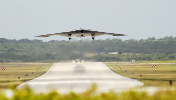 A B-2 Spirit bomber takers off from Guam. One of the unmistakable signs that conflict is imminent will be the mass departure of these bombers from their home base in Missouri.