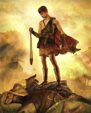 King David first appears in the Bible as the young shepherd who kills the giant, Goliath.