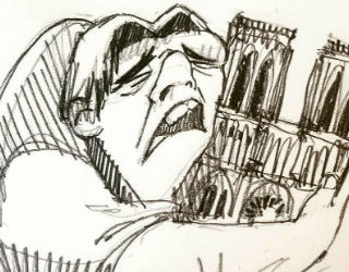 Artist Cristina Correa Freile drew up Quasimodo holding the Notre Dame Cathedral after the fires.