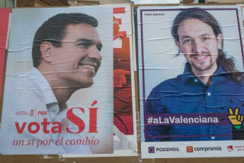 Image of Campaign posters depicting PSOE leader Pedro Sanchez and Podemos leader Pablo Iglesias