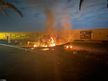 Image of Photos shared widely on Twitter, show the wreckage of cars destroyed by hellfire missiles near Baghdad.