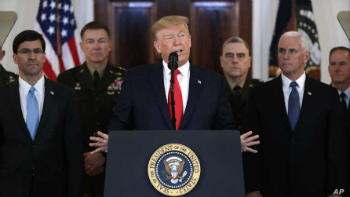 Image of President Trump announced new sanctions against Iran, but did not announce any military retaliation against the arguably ineffective missile attack by Iran. Peace appears likely, for now. 