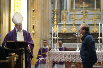 Image of Pope Francis acknowledges Fr. Gonzalo Aemilius his new personal secretary during a homily at a Mass