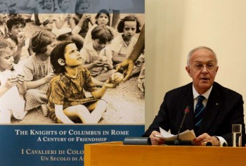 Image of Supreme Knight Carl Anderson of the Knights of Columbus speaks at a press conference in Rome Feb 11 2020