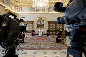 Image of Pope Francis gives his general audience address via video livestream March 11 2020