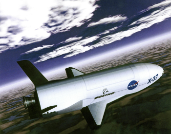 Image of The X-37 is testing a microwave system for delivering power to stations on the ground. 