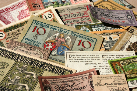 German notgeld, emergency currency from the Weimar era. The flawed policies of this era helped lead Germany into its darkest chapter. German notgeld, emergency currency from the Weimar era. The flawed policies of this era helped lead Germany into its darkest chapter.