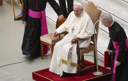 The Holy Father remained seated during several recent public appearances where he would normally stand. The Holy Father remained seated during several recent public appearances where he would normally stand.