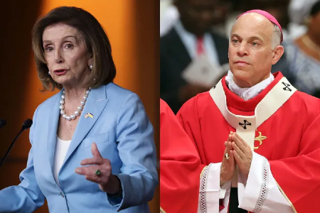 U.S. Speaker of the House Nancy Pelosi (D-CA) at the U.S. Capitol on May 19, 2022, in Washington, D.C. (l), and Archbishop of San Francisco Salvatore Joseph Cordileone at St. Peter's Basilica on June 29, 2013, in Vatican City, Vatican (r). | Kevin Dietsch, Franco Origlia/Getty Images U.S. Speaker of the House Nancy Pelosi (D-CA) at the U.S. Capitol on May 19, 2022, in Washington, D.C. (l), and Archbishop of San Francisco Salvatore Joseph Cordileone at St. Peter's Basilica on June 29, 2013, in Vatican City, Vatican (r). | Kevin Dietsch, Franco Origlia/Getty Images