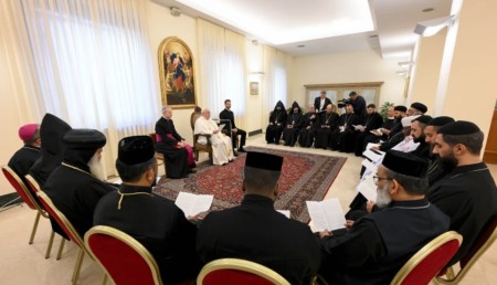 On February 6, 2025, Pope Francis met with Eastern Orthodox priests and monks at his residence in the Vatican, rather than at the Apostolic Palace as originally planned. (Vatican Media) On February 6, 2025, Pope Francis met with Eastern Orthodox priests and monks at his residence in the Vatican, rather than at the Apostolic Palace as originally planned. (Vatican Media)