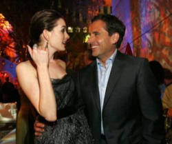 Image of Cast members Anne Hathaway and Steve Carell pose at a party after the premiere of 'Get Smart' in Westwood, California June 16, 2008.