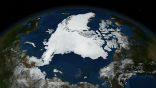 Image of A composite satellite image shows the extent of arctic sea-ice lost over the summer. The loss of ice is far more substantial than normal and a blatant sign of unnaturally rapid global climate change. 