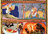 Image of Lazarus and Dives, illumination from the Codex Aureus of Echternach
Top panel: Lazarus at the rich man's door
Middle panel: Lazarus' soul is carried to Paradise by two angels; Lazarus in Abraham's bosom
Bottom panel: Dives' soul is carried off by two devils to Hell; Dives is tortured in Hades
