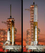Image of A concept for the NASA SLS shows the difference in sheet size between the space shuttle and the SLS. 