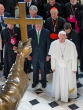 Image of Pope Francis looking upon the statue of Junipero Serra in the Capitol.