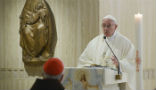 Image of Pope Francis delivers a homily. 