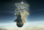 Image of A NASA rendition of Cassini's final dive in Saturn. 